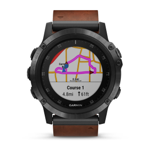 fēnix® 5X Plus Saphir, schiefergrau mit braunem Lederarmband