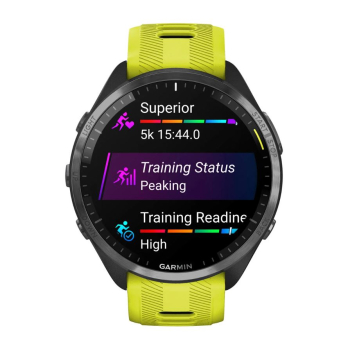 Forerunner® 965 Schwarz/Carbongrau DLC Titan mit Silikon-Wechselarmband Zitronengelb/Schwarz